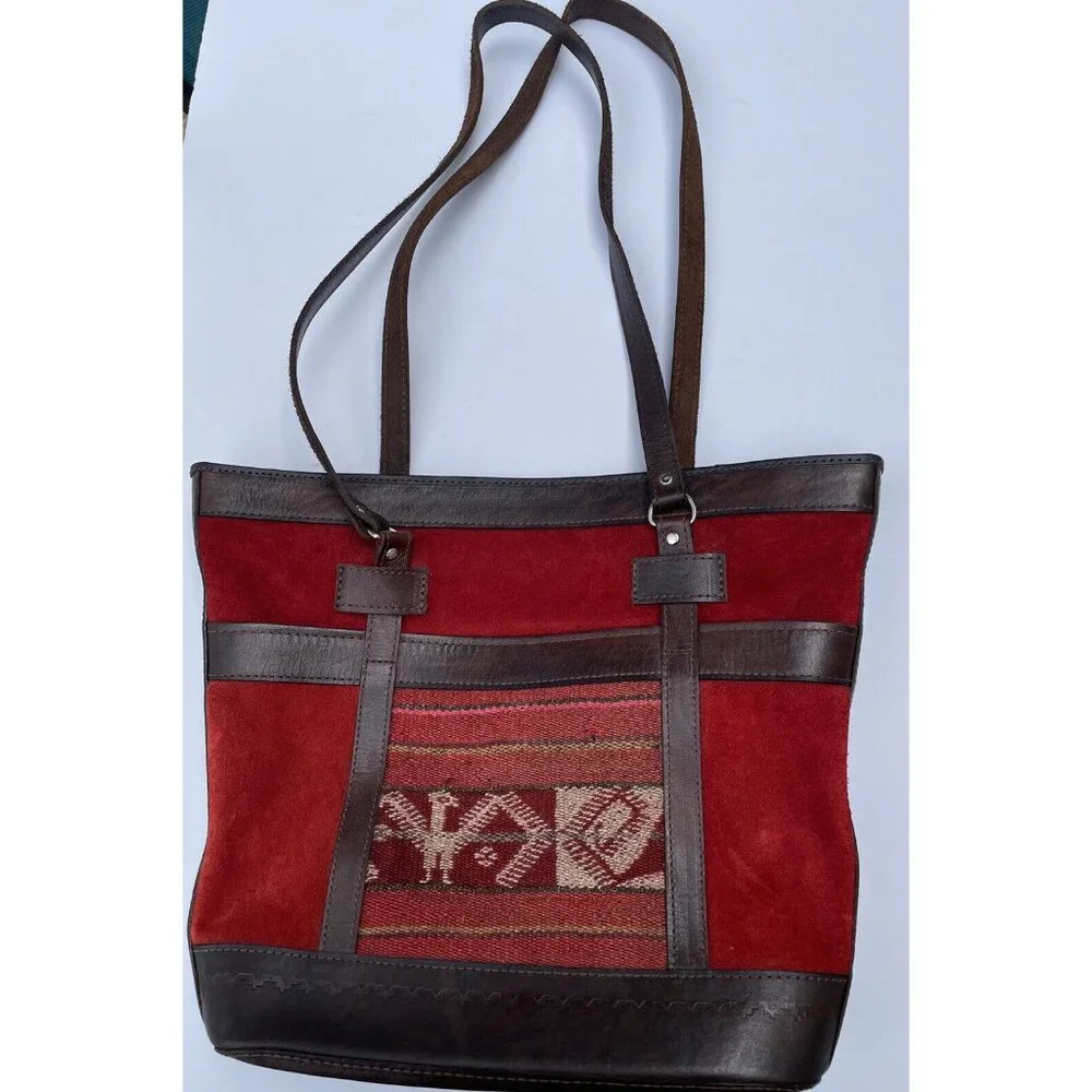 Bolivian VTG BOHO Red Suede Brown Leather‎ & Tapestry Zipper Tote Purse Bag